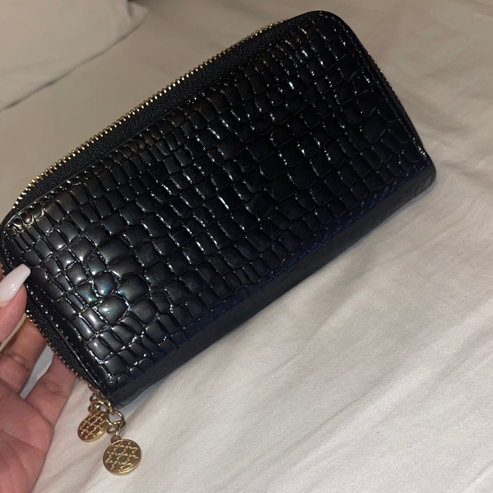 Black Croc Embossed Wallet with Gold Accents
